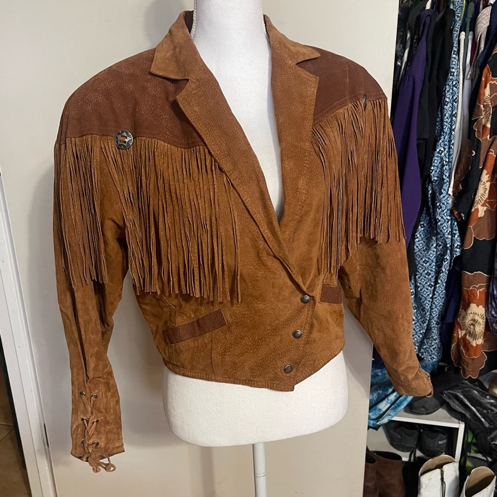 Vintage Mixed Blues 80s Brown Western Fringe Leather Jacket sz S WOW